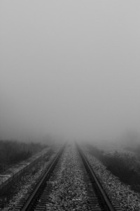vías entre niebla